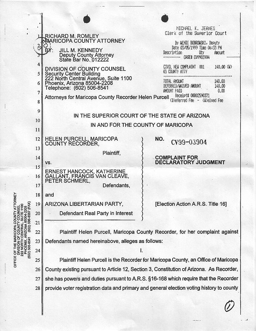 Arizona Libertarian Party Lawsuit CV1999-003904 -  ALP vs ALP Inc. - Peter Schmerl vs Ernest Hancock