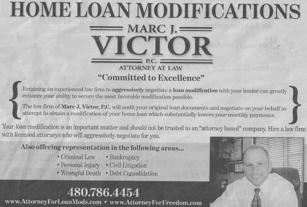 Feb 21, 2009 ad for home loan modifications - Marc Victor - Attorney at Law - Attorney for Freedom - San Tan Sun News