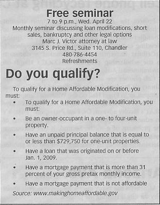 Marc J Victor - Attorney at Law - seminar on 'loan modifications' - April 22, 2009 - 3145 Price Road, Chandler, Arizona